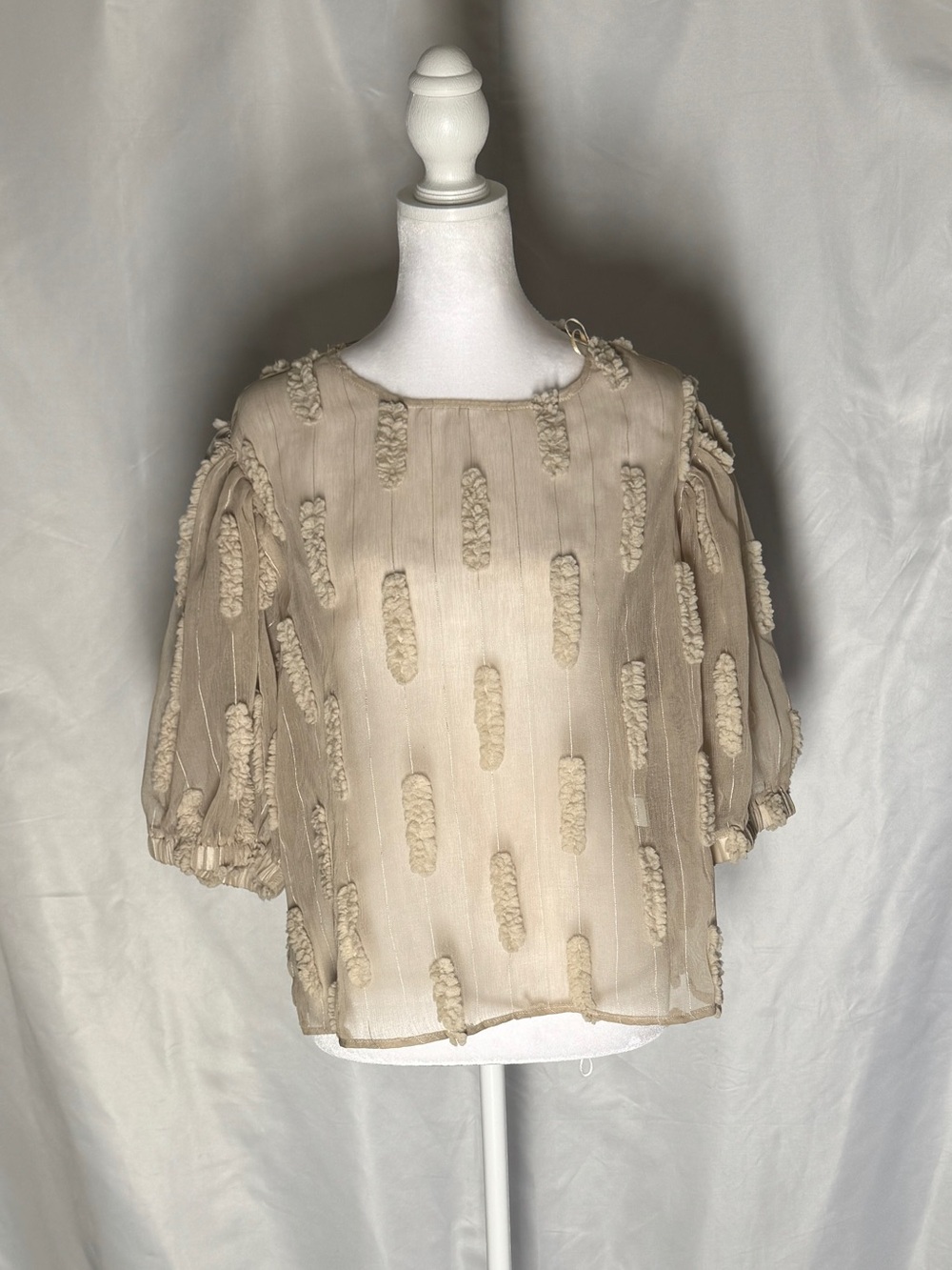 Yumi Los Angeles Beige Textured Puff Sleeve Blouse Size Large Boho Cottagecore